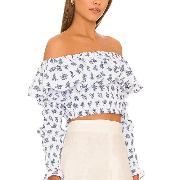 NWT caroline constas lydia off the shoulder top in blue toile spot